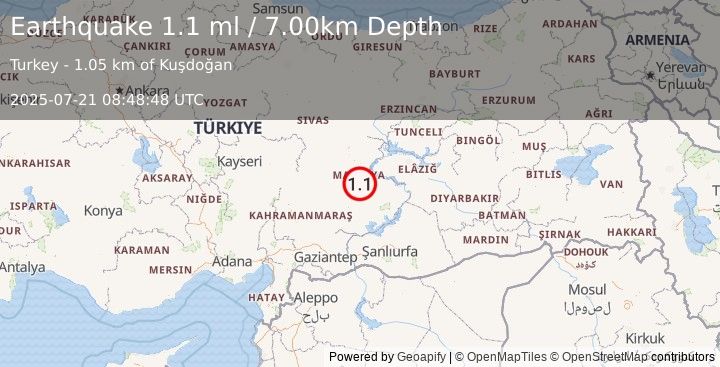 Earthquake EASTERN TURKEY (1.1 ml) (2025-07-21 08:48:48 UTC)