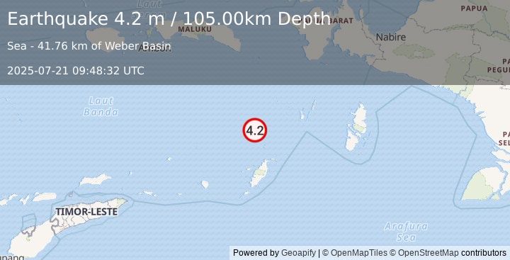 Earthquake KEP. TANIMBAR REGION, INDONESIA (4.2 m) (2025-07-21 09:48:32 UTC)