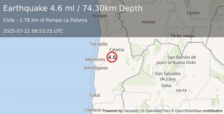 Earthquake ANTOFAGASTA, CHILE (4.2 mw) (2025-07-21 09:53:22 UTC)