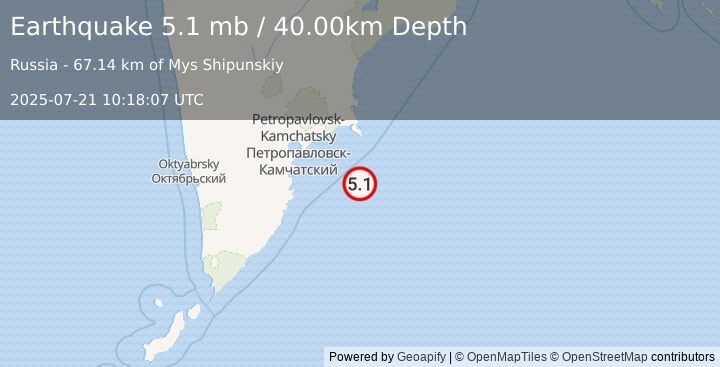 Earthquake OFF EAST COAST OF KAMCHATKA (4.8 mb) (2025-07-21 10:18:02 UTC)