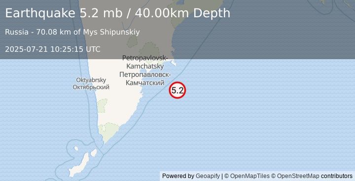 Earthquake OFF EAST COAST OF KAMCHATKA (5.3 mb) (2025-07-21 10:25:10 UTC)