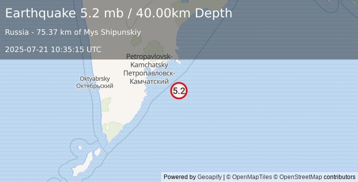 Earthquake OFF EAST COAST OF KAMCHATKA (5.0 mb) (2025-07-21 10:35:17 UTC)
