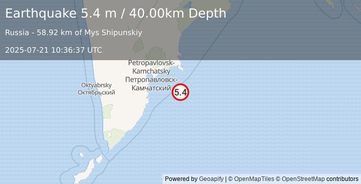 Earthquake OFF EAST COAST OF KAMCHATKA (5.3 mb) (2025-07-21 10:36:33 UTC)