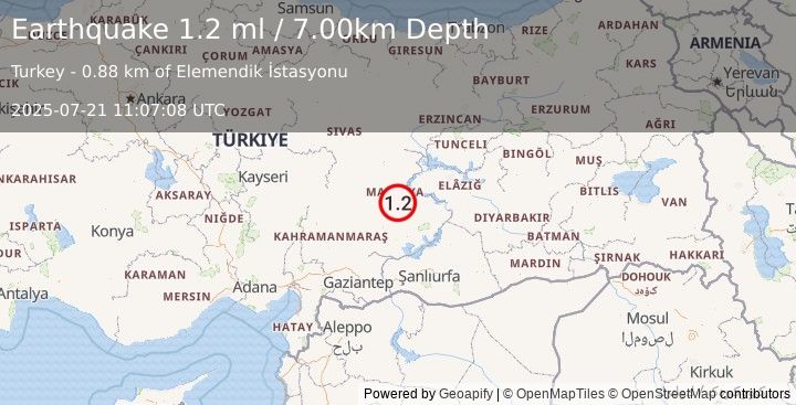 Earthquake EASTERN TURKEY (1.2 ml) (2025-07-21 11:07:08 UTC)