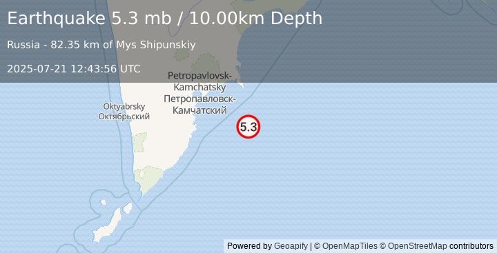 Earthquake OFF EAST COAST OF KAMCHATKA (4.9 mb) (2025-07-21 12:43:59 UTC)