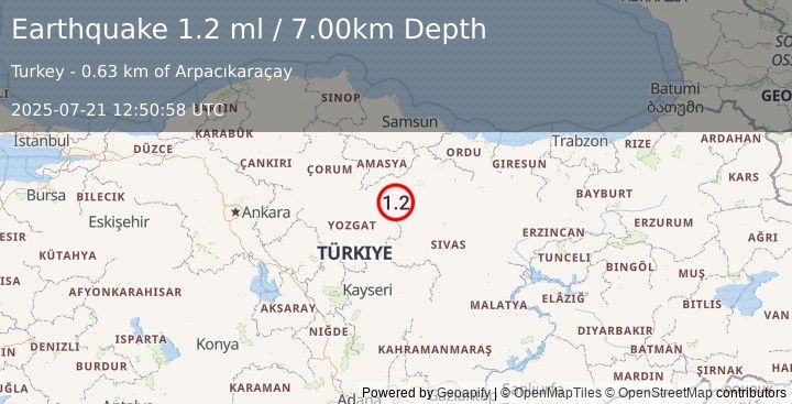 Earthquake CENTRAL TURKEY (1.2 ml) (2025-07-21 12:50:58 UTC)