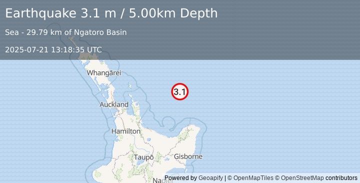 Earthquake OFF E. COAST OF N. ISLAND, N.Z. (3.1 m) (2025-07-21 13:18:35 UTC)