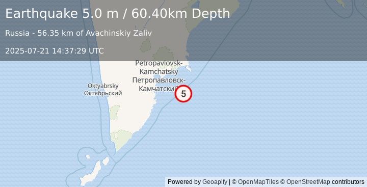 Earthquake OFF EAST COAST OF KAMCHATKA (5.0 m) (2025-07-21 14:37:29 UTC)