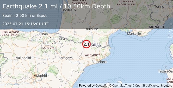 Earthquake PYRENEES (2.1 ml) (2025-07-21 15:16:01 UTC)