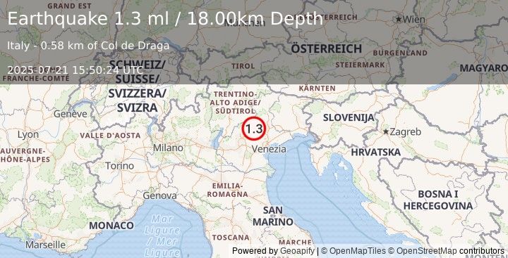 Earthquake NORTHERN ITALY (1.3 ml) (2025-07-21 15:50:24 UTC)