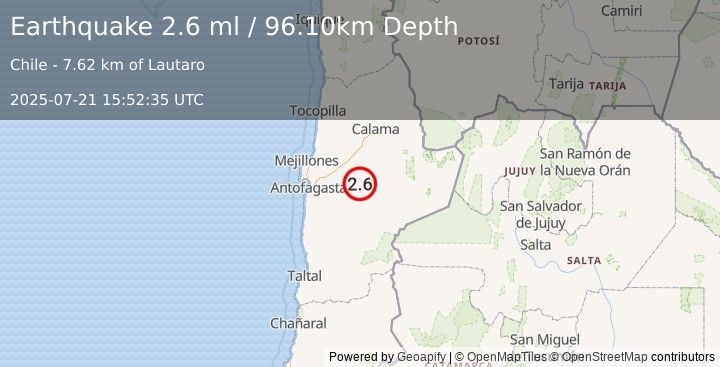 Earthquake ANTOFAGASTA, CHILE (2.6 ml) (2025-07-21 15:52:35 UTC)