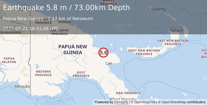 Earthquake EASTERN NEW GUINEA REG., P.N.G. (5.8 mw) (2025-07-21 16:41:08 UTC)