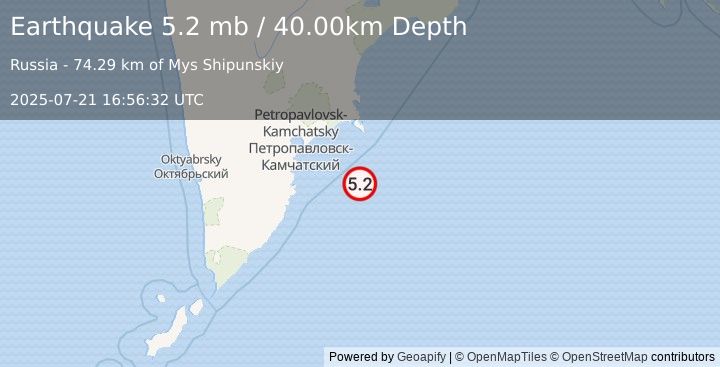 Earthquake OFF EAST COAST OF KAMCHATKA (5.2 mb) (2025-07-21 16:56:28 UTC)