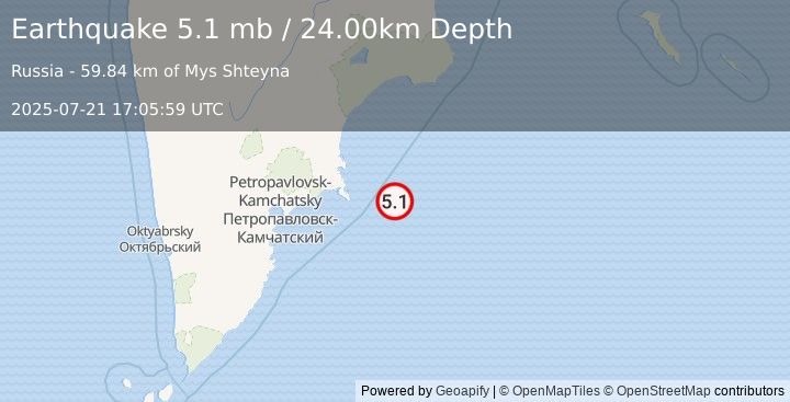 Earthquake OFF EAST COAST OF KAMCHATKA (4.7 mb) (2025-07-21 17:05:55 UTC)