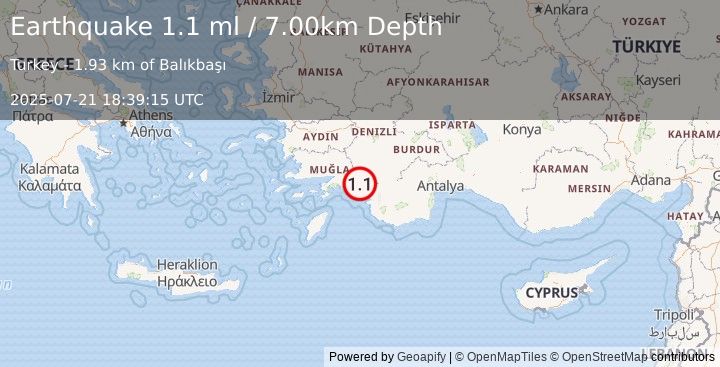 Earthquake DODECANESE IS.-TURKEY BORDER REG (1.1 ml) (2025-07-21 18:39:15 UTC)