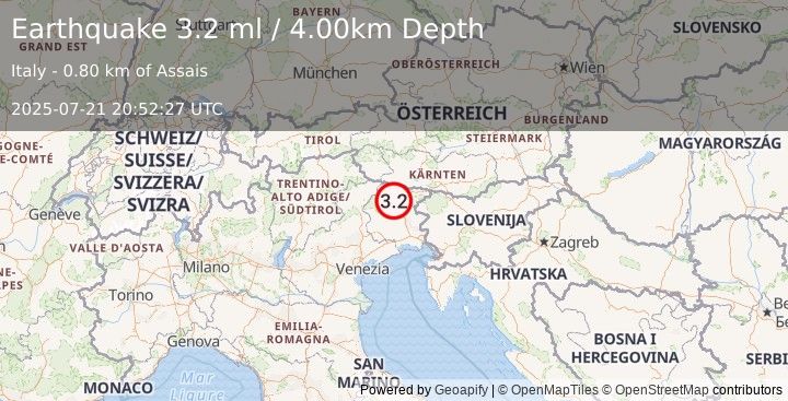 Earthquake NORTHERN ITALY (3.2 ml) (2025-07-21 20:52:26 UTC)