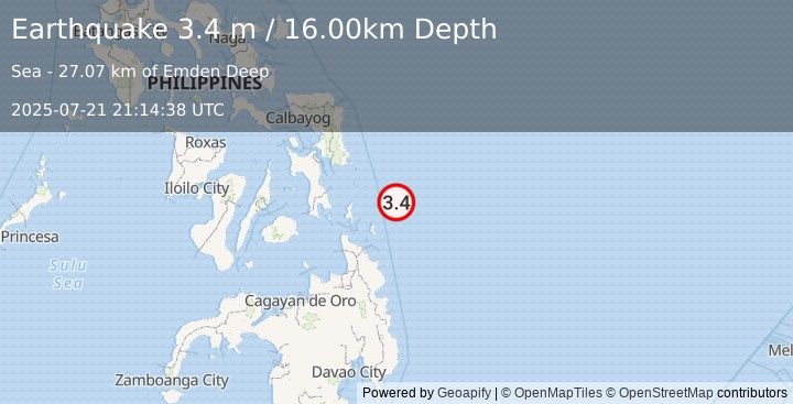 Earthquake PHILIPPINE ISLANDS REGION (3.4 m) (2025-07-21 21:14:38 UTC)