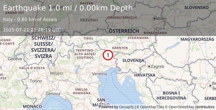 Earthquake NORTHERN ITALY (1.0 ml) (2025-07-21 21:28:19 UTC)
