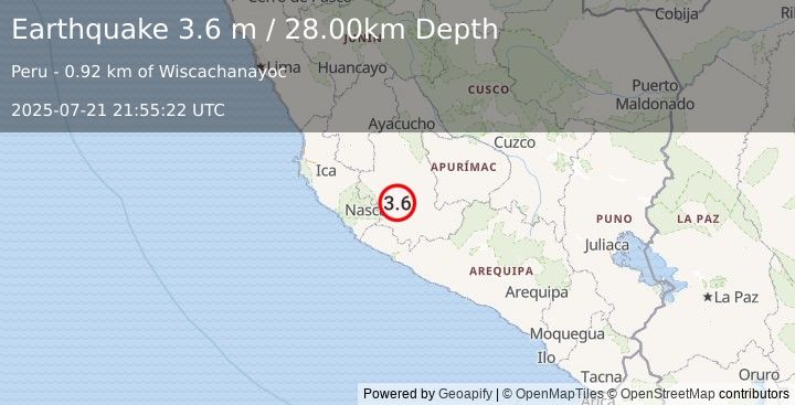 Earthquake CENTRAL PERU (3.6 m) (2025-07-21 21:55:22 UTC)