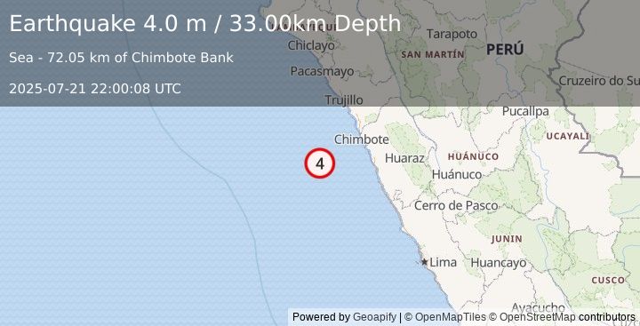 Earthquake OFF COAST OF NORTHERN PERU (4.0 m) (2025-07-21 22:00:08 UTC)