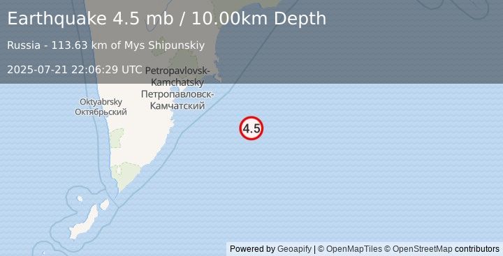 Earthquake OFF EAST COAST OF KAMCHATKA (4.5 mb) (2025-07-21 22:06:29 UTC)