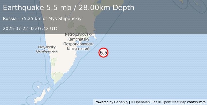 Earthquake OFF EAST COAST OF KAMCHATKA (5.3 mb) (2025-07-22 02:07:38 UTC)