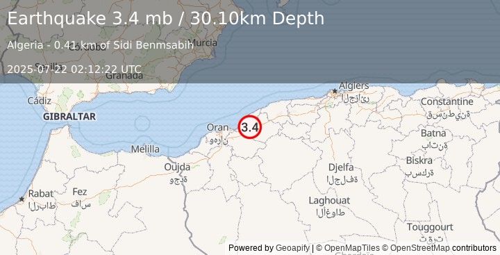 Earthquake NORTHERN ALGERIA (3.4 mb) (2025-07-22 02:12:22 UTC)