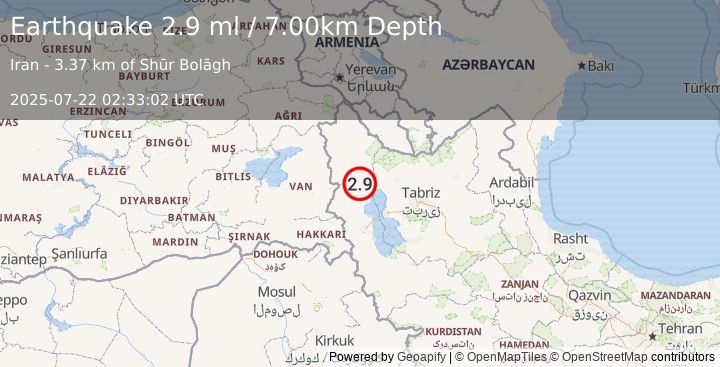 Earthquake TURKEY-IRAN BORDER REGION (2.9 ml) (2025-07-22 02:33:02 UTC)
