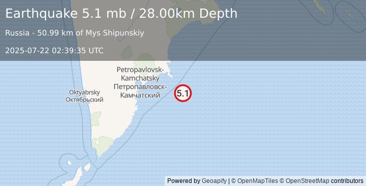 Earthquake OFF EAST COAST OF KAMCHATKA (5.1 mb) (2025-07-22 02:39:32 UTC)
