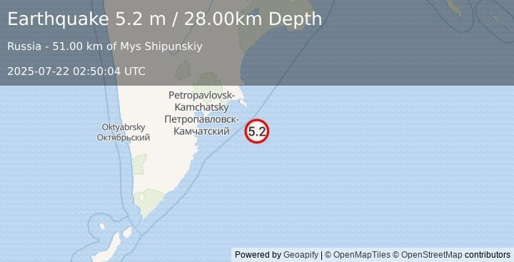 Earthquake OFF EAST COAST OF KAMCHATKA (5.2 m) (2025-07-22 02:50:04 UTC)