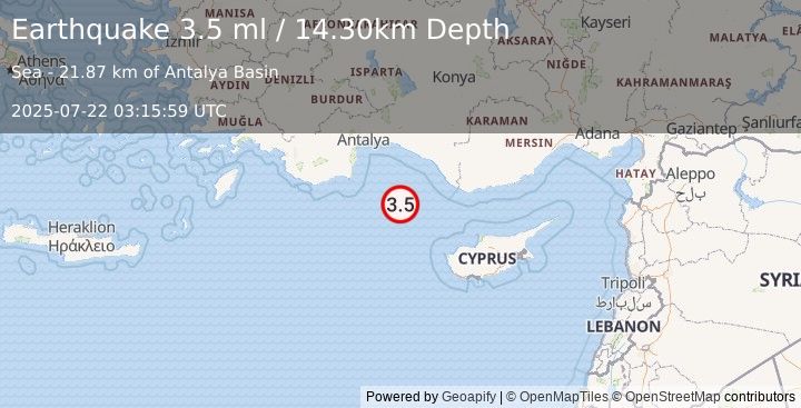 Earthquake CYPRUS REGION (3.4 ml) (2025-07-22 03:16:01 UTC)