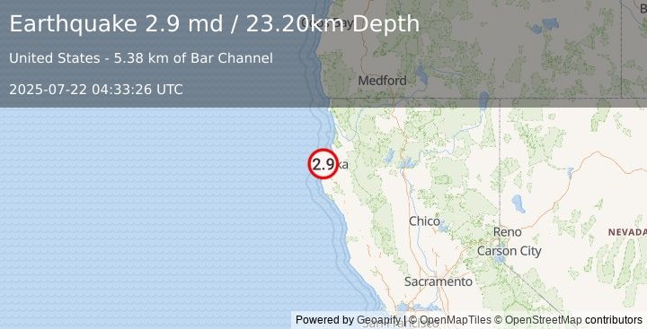Earthquake OFFSHORE NORTHERN CALIFORNIA (2.9 md) (2025-07-22 04:33:26 UTC)