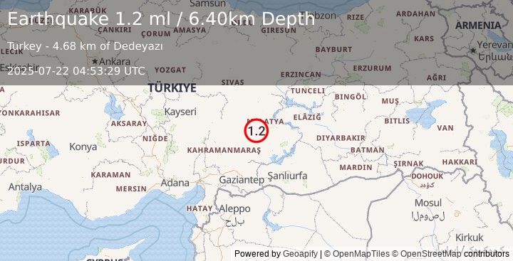 Earthquake CENTRAL TURKEY (1.2 ml) (2025-07-22 04:53:29 UTC)