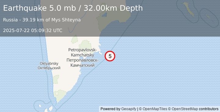 Earthquake OFF EAST COAST OF KAMCHATKA (5.2 mb) (2025-07-22 05:09:28 UTC)