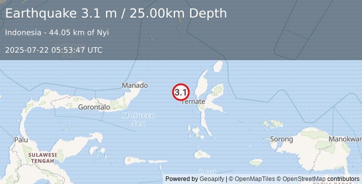 Earthquake MOLUCCA SEA (3.1 m) (2025-07-22 05:53:47 UTC)