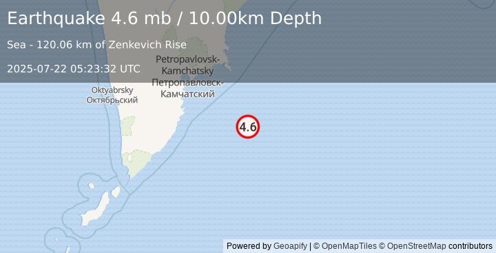 Earthquake OFF EAST COAST OF KAMCHATKA (4.6 mb) (2025-07-22 05:23:32 UTC)