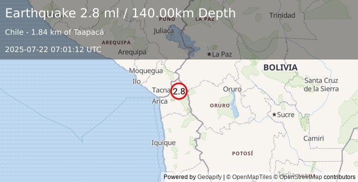 Earthquake TARAPACA, CHILE (2.8 ml) (2025-07-22 07:01:12 UTC)