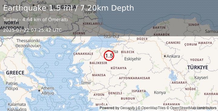 Earthquake WESTERN TURKEY (1.5 ml) (2025-07-22 07:25:42 UTC)