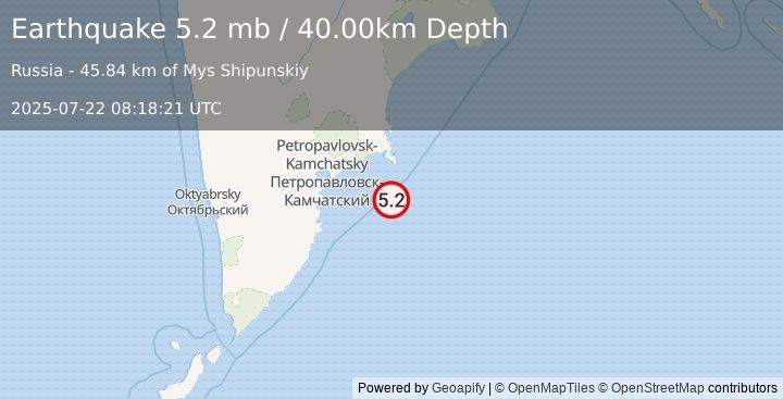 Earthquake OFF EAST COAST OF KAMCHATKA (5.0 mb) (2025-07-22 08:18:14 UTC)