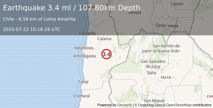 Earthquake ANTOFAGASTA, CHILE (3.4 ml) (2025-07-22 10:16:16 UTC)