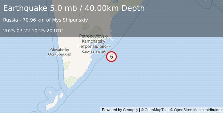 Earthquake OFF EAST COAST OF KAMCHATKA (5.0 mb) (2025-07-22 10:25:15 UTC)
