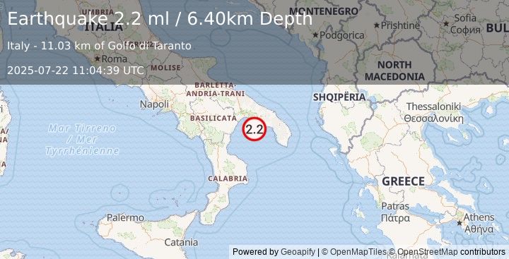 Earthquake SOUTHERN ITALY (2.2 ml) (2025-07-22 11:04:39 UTC)