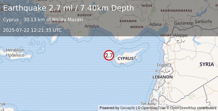 Earthquake CYPRUS REGION (2.7 ml) (2025-07-22 12:21:33 UTC)