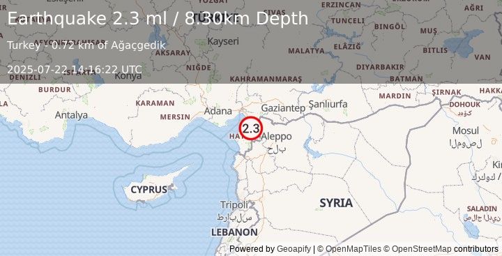 Earthquake TURKEY-SYRIA BORDER REGION (2.3 ml) (2025-07-22 14:16:22 UTC)
