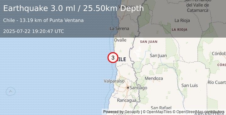 Earthquake OFFSHORE COQUIMBO, CHILE (3.0 ml) (2025-07-22 19:20:47 UTC)