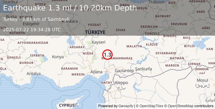 Earthquake CENTRAL TURKEY (1.3 ml) (2025-07-22 19:34:28 UTC)