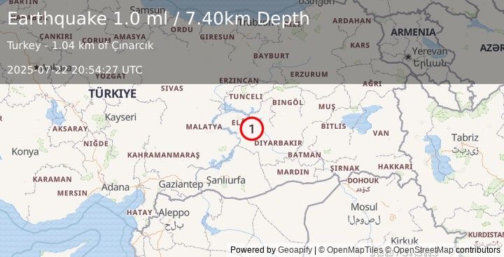 Earthquake EASTERN TURKEY (1.0 ml) (2025-07-22 20:54:27 UTC)