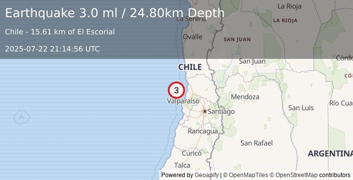 Earthquake OFFSHORE VALPARAISO, CHILE (3.0 ml) (2025-07-22 21:14:56 UTC)