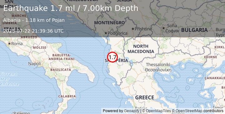 Earthquake ALBANIA (1.7 ml) (2025-07-22 21:39:36 UTC)