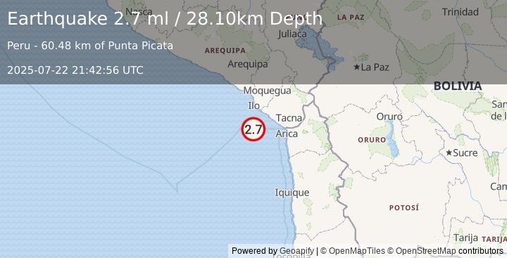 Earthquake OFF COAST OF TARAPACA, CHILE (2.7 ml) (2025-07-22 21:42:56 UTC)
